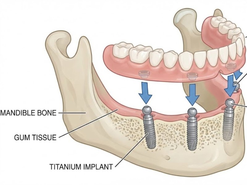 Snap-on denture clicking onto implants